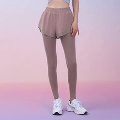 Sinceshe Fake two-piece sports leggings pocket pants nude fitness trousers high waist hip yoga pants women