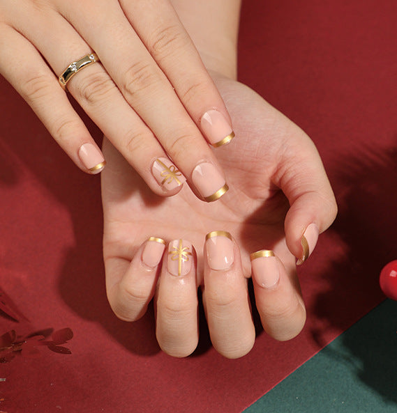 Christmas French gold thread bow False Nail