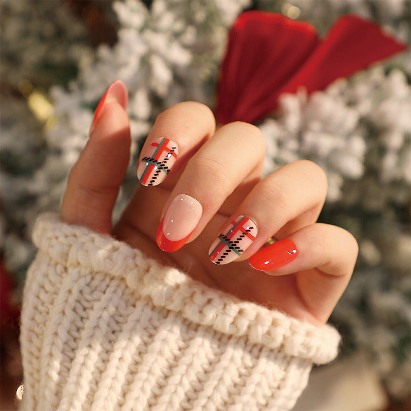 Christmas short red and green plaid False Nail