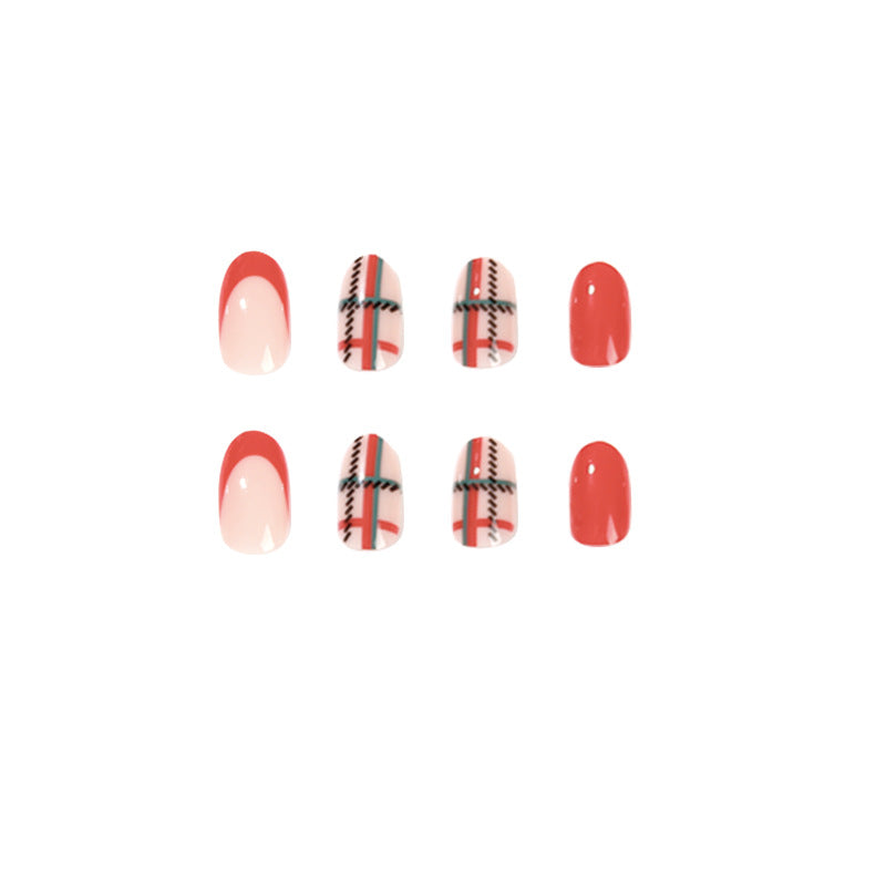 Christmas short red and green plaid False Nail