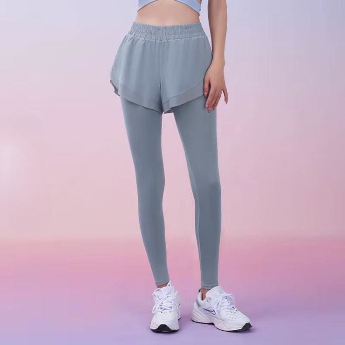 Sinceshe Fake two-piece sports leggings pocket pants nude fitness trousers high waist hip yoga pants women
