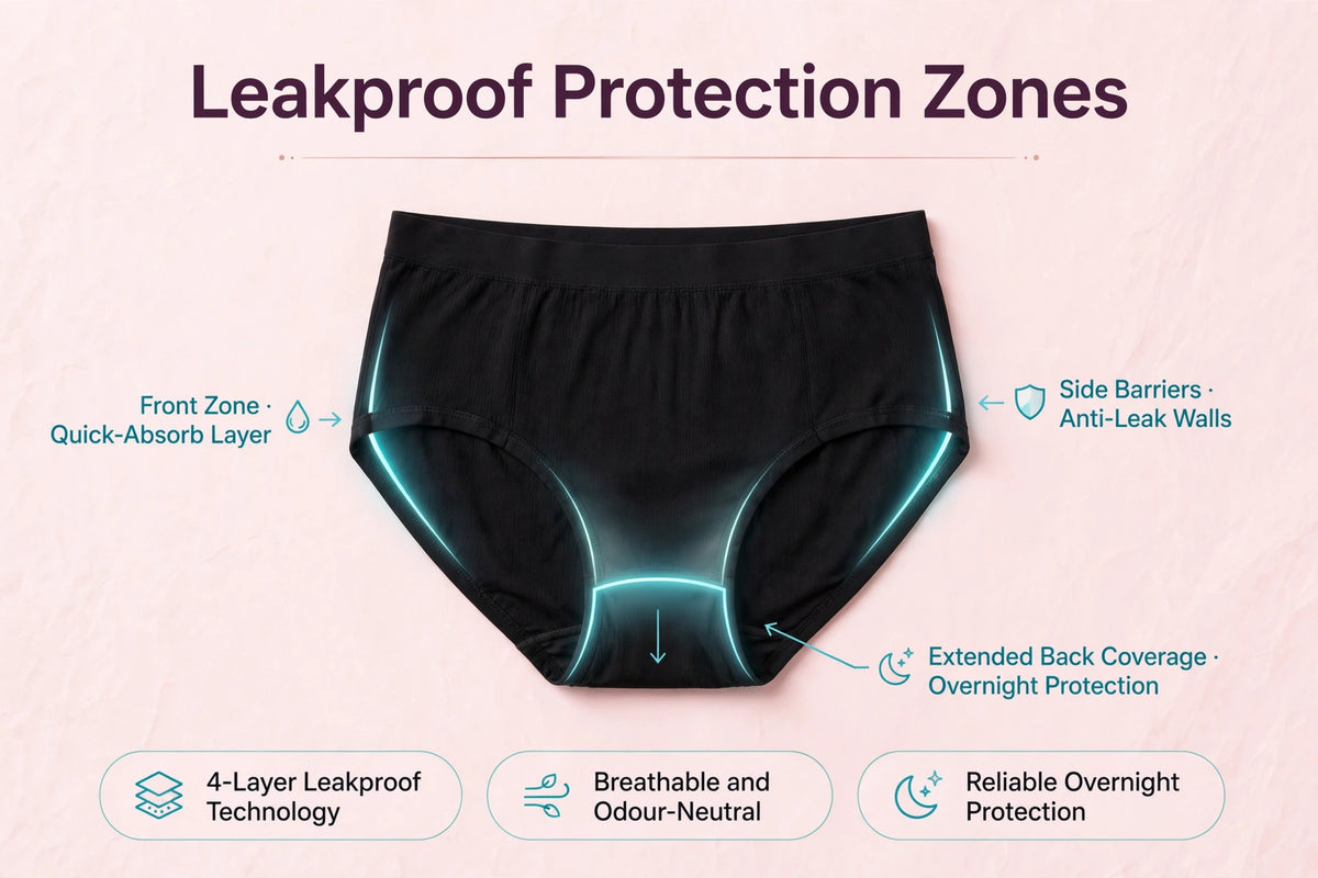 Leakproof protection zones diagram for heavy flow period underwear